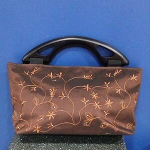 Chic Brown Floral Clutch Embroidered W/Silky Fabric 3 Inside Pockets
